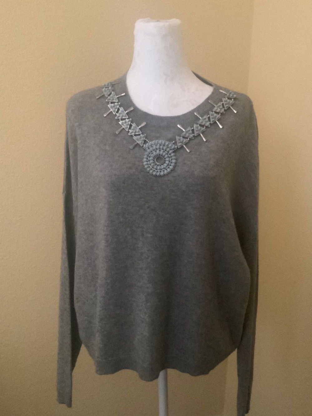 The Kooples Wool-Cashmere Boxy Sweater with built in faux turquoise necklace